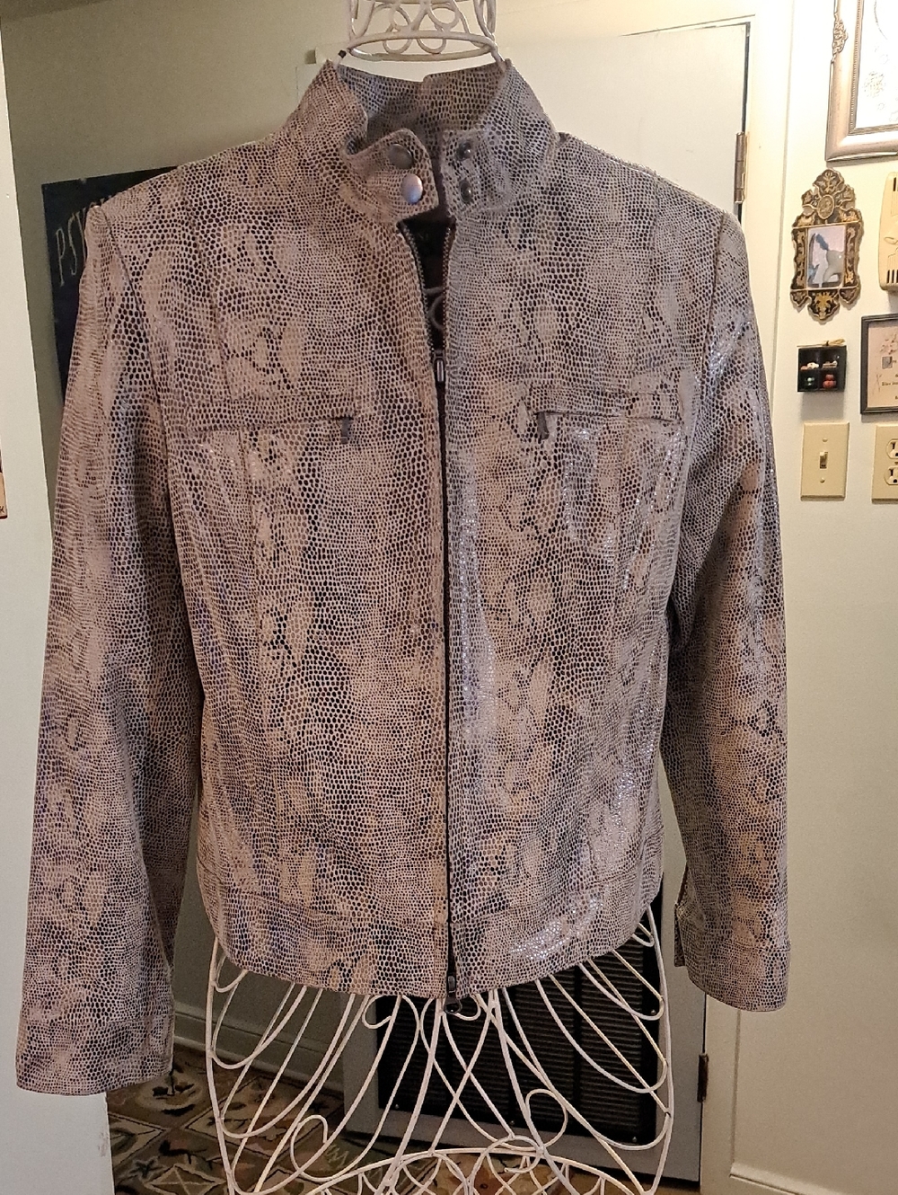 Alfani Taupe Leather Snake-Print Zip Front Moto Jacket, S